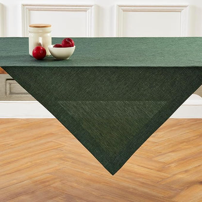 Solino Home Linen Cloth Tablecloth 52 x 52 Inch - 100% Pure Linen Forest Green Square Tablecloth - Athena, Machine Washable Table Throw for Fall, Autumn, Winter, Christmas, New Year