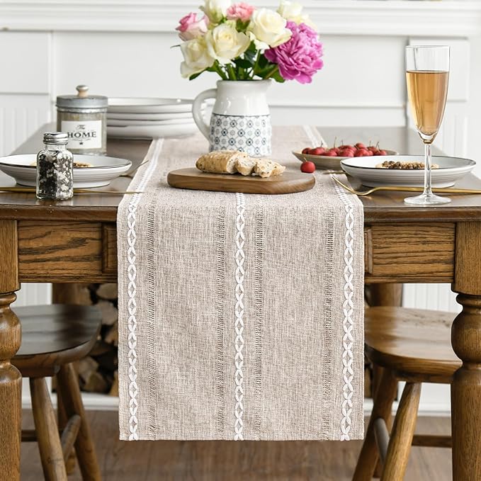 Artoid Mode Brown Rustic Cotton Linen Table Runner, Seasonal Embroidered Hollow Kitchen Dining Table Decoration for Home Party Decor 13x72 Inch