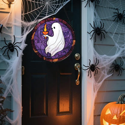 Stained Glass Window Hanging - Halloween White Ghost Purple Suncatcher for Doors Window Garden Spooky Candlelight Sun Catchers Gothic Decor Horror Gifts for Women Men Friend Boy Girl 15 in