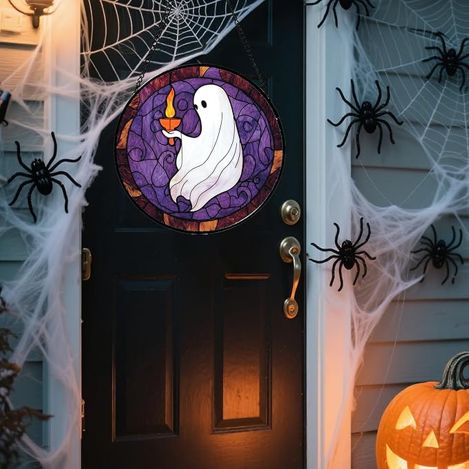 Stained Glass Window Hanging - Halloween White Ghost Purple Suncatcher for Doors Window Garden Spooky Candlelight Sun Catchers Gothic Decor Horror Gifts for Women Men Friend Boy Girl 6.3 in