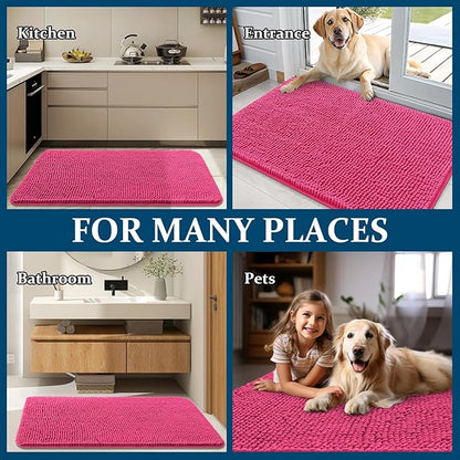OLANLY Dog Door Mat for Muddy Paws 30x20, Absorbs Moisture and Dirt, Absorbent Non-Slip Washable Doormat, Quick Dry Chenille Mud Mat for Dogs, Entry Indoor Entryway Carpet for Inside Floor, Hot Pink
