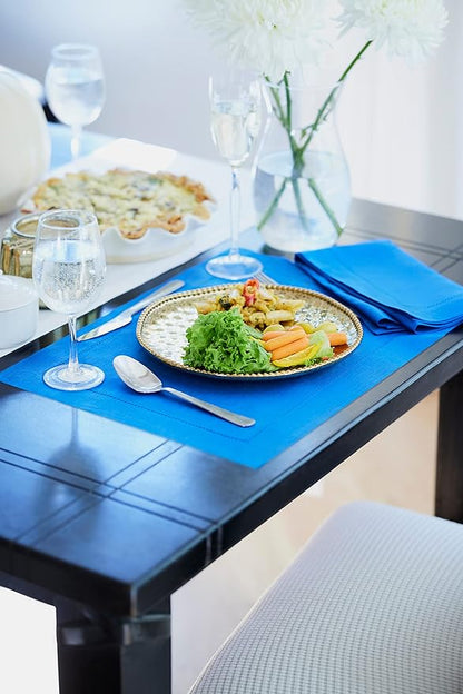 Solino Home Linen Placemats Set of 4 - Classic Hemstitch Royal Blue Placemats 14 x 19 Inch - 100% Pure Linen Table Mats for Holiday, Winter, Christmas, New Year