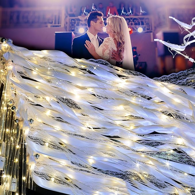 60PCS Light Up Wands,White Wedding Wands Streamers with 3 Flashing Modes,LED Silk Fairy Wands with Bells,Glow Lace Sticks for Wedding Reception,Birthday,Raves,July 4th