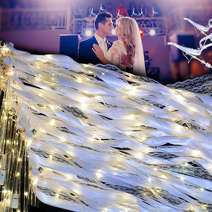 60PCS Light Up Wands,White Wedding Wands Streamers with 3 Flashing Modes,LED Silk Fairy Wands with Bells,Glow Lace Sticks for Wedding Reception,Birthday,Raves,July 4th