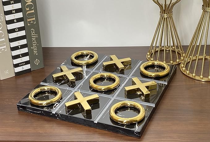 Marble Tic Tac Toe Game for Living Room Decor Centerpiece Black and Gold XO with Black Marble and Gold Color Stainless Steel Decorative Table Top X/O Board Coffee Table Décor