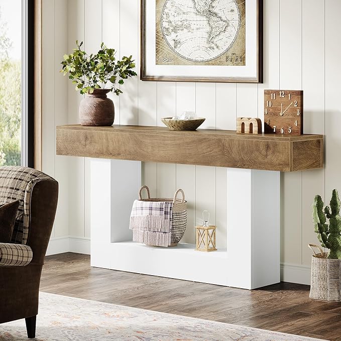 Tribesigns 63" Console Table, Farmhouse 2-Tier Entryway Table with U-Shaped Base, Narrow Long Wood Sofa Table Behind Couch Table for Living Room, Hallway, Foyer, Light Brown & White