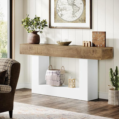 Tribesigns 63" Console Table, Farmhouse 2-Tier Entryway Table with U-Shaped Base, Narrow Long Wood Sofa Table Behind Couch Table for Living Room, Hallway, Foyer, Light Brown & White