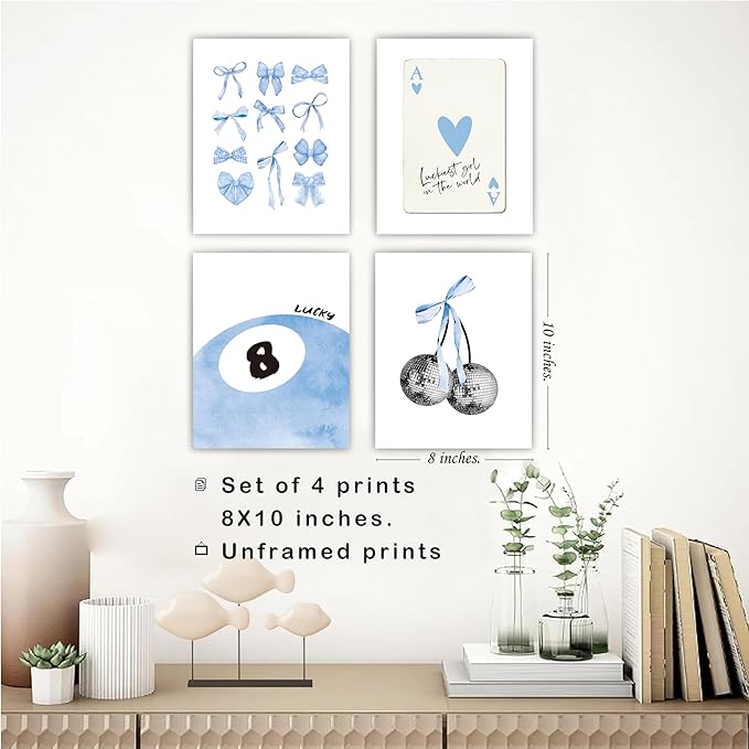 okaxscm Light Blue Coquette Trendy Preppy Wall Art Prints Set of 4, Coquette Preppy Room Decor, Blue Bow Disco 8 Ball Cherry Wall Decor Posters for Girls Bedroom Dorm, 8x10 Unframed