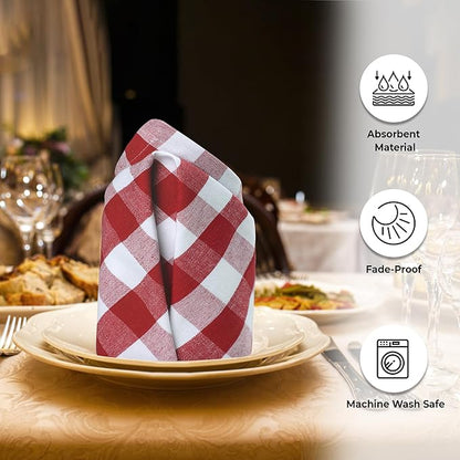 Urban Villa Cloth Napkins Set of 12 20x20 Inches 100% Cotton Napkins Cloth Washable Durable Reusable Absorbent Table Dinner Napkins Cloth for Christmas Hotel Lunch Restaurant Parties- Red White