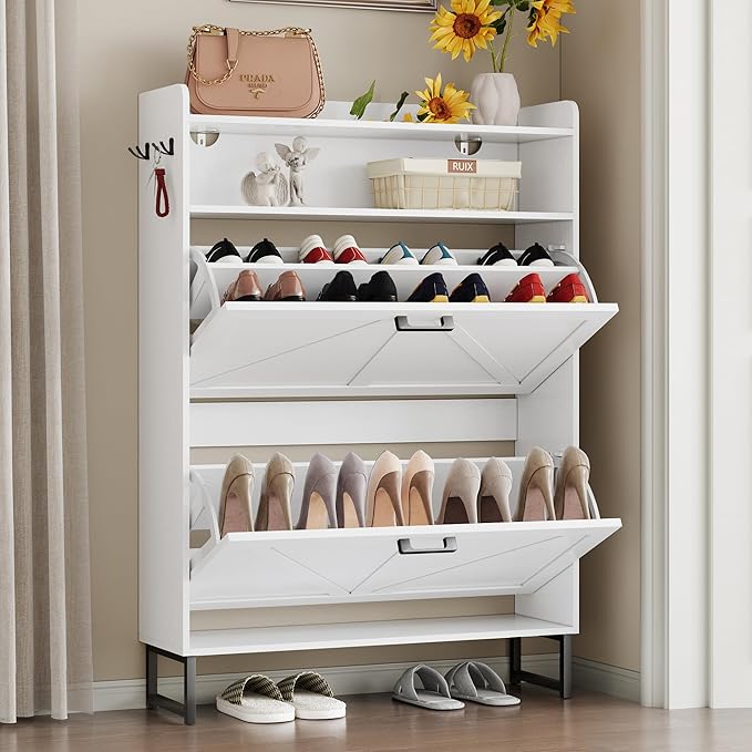 Shoe Cabinet with 2 Flip Drawers Narrow Shoe Storage Cabinet Organizer Wooden Freestanding Shoe Rack Hidden Slim Shoes Storage Cabinet for Entryway, Hallway, Bedroom