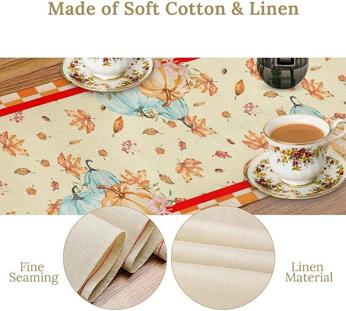 Watercolor Pumpkin Table Runner Fall Flowers Falling Leaves Cross Harvest Season Thanksgiving Rustic Home Decor for Farmhouse Indoor Outdoor Party Holiday Dining Kitchen Restaurant Cafe W13xL108in
