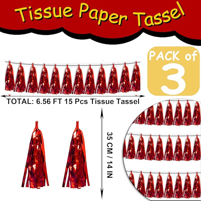 3P Red Tassel Banner Garland Metallic Foil Fringe Banner Tinsel Tassels Streamer Banner Backdrop for Parade Floats, 2025 Graduation Decorations, Wedding Party Decoration