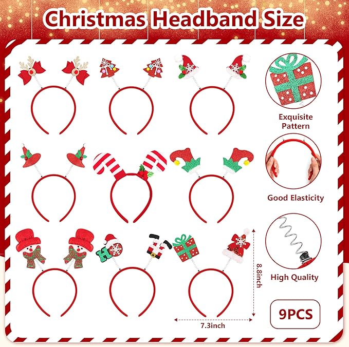 fiintrwa Christmas Headband Beads Necklace Hair Hoop Eyewear Eyeglass Santa Hat Photo Props for Xmas Party Decoration Supplie