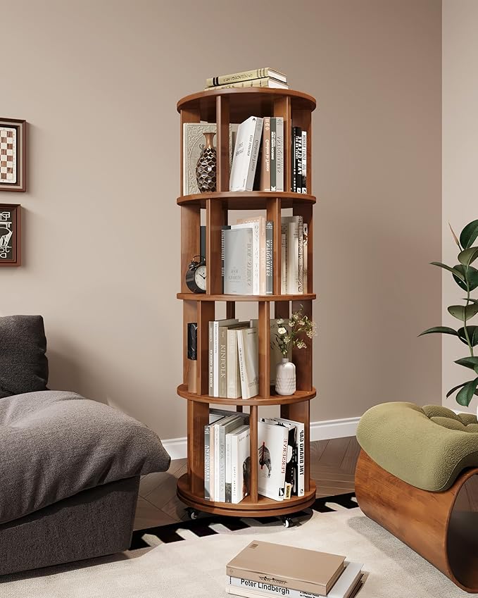 4-Tier Solid Wood Rotating Bookshelf on Wheels, 360° Spinning Book Shelf Tower, Round Revolving Bookcase Organizer, Rolling Bookshelves for Small Spaces, Corner, Bedroom, Kids Room, Office, Walnut