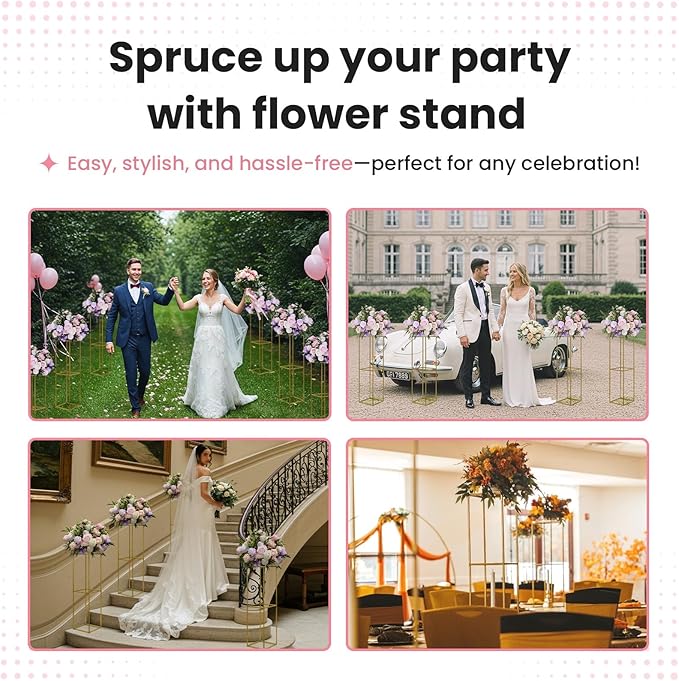 YALLOVE 10 Pcs 31.5 Inch Metal Flower Stand, Gold Centerpieces Vases Stand With Clear Acrylic Sheets, Geometric Display Rack for Wedding Party Decorations