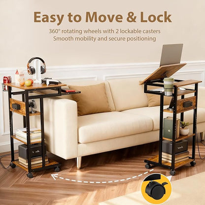 ZIFTY C Shaped End Table with Charging Station, 360° Swivel Couch Table with Wheels, Adjustable Laptop Tray, Sliding Keyboard Shelf & Storage Shelves, TV Tray Side Table for Living Room Bedroom Rustic