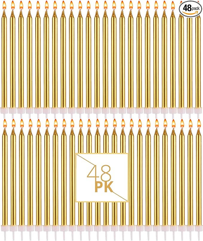 Bundaloo Gold Birthday Candles for Cake - Set of 48 Gold Candles for Birthday Cakes - with Plastic Holders, 5.5" Long, 0.20" Thickness