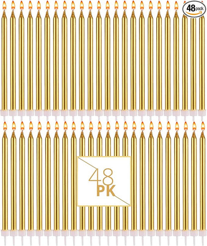 Bundaloo Gold Birthday Candles for Cake - Set of 48 Gold Candles for Birthday Cakes - with Plastic Holders, 5.5" Long, 0.20" Thickness