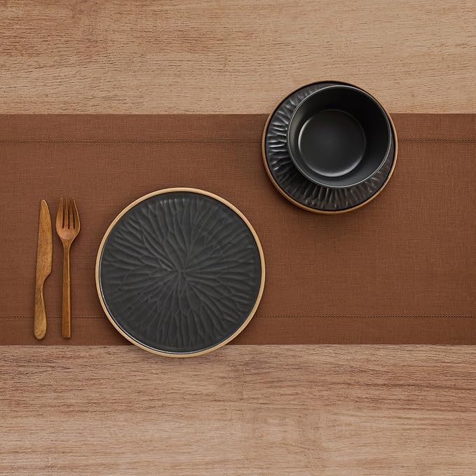 Solino Home Linen Brown Table Runner 120 Inches Long - 100% Pure Linen Hemstitch 14 x 120 Inch Table Runner for Dining, Fall, Autumn - Classic Hemstitch