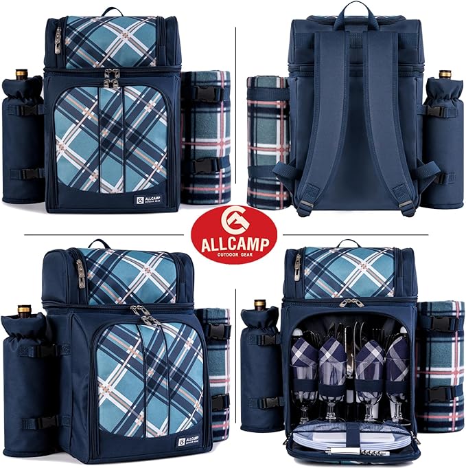 ALLCAMP Picnic Basket Backpack Cooler for 4 Person with 2 Insulated Cooler Compartment, Detachable Bottle/Wine Holder, Fleece Blanket, Plates and Cutlery for Family,Couple and Friend gatherings (Blue)