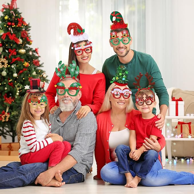 Aodaer 16 Pcs Christmas Party Favors, Christmas Glasses and Headbands Ornaments, Xmas Head Boppers and Glitter Eyewear Costume Accessories for Xmas Party Supplies & Photo Booth