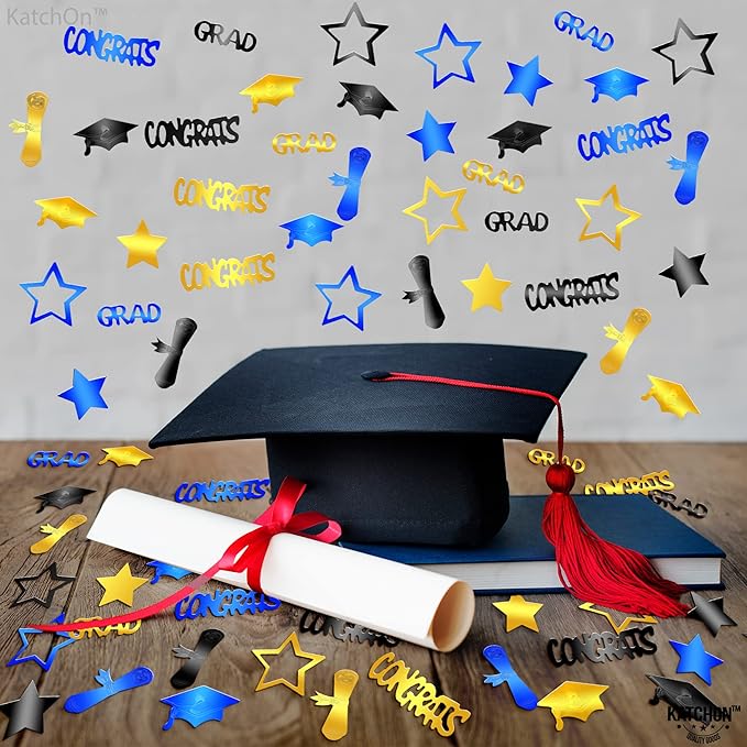 KatchOn, Gold and Black Graduation Confetti 2025 - Pack of 1300 | Grad Confetti Class of 2025 | Grad Table Decorations 2025 | Blue and Gold Graduation Decorations