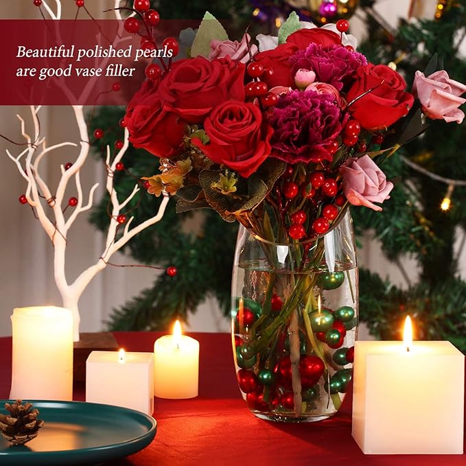 Hicarer 120 Pieces Pearl for Vase Filler Pearl Bead Vase Centerpieces Brush Holder Assorted Round Faux Bead for Crafting, Home Wedding Table Decor 14/20/30 mm(Green, Bright Red)