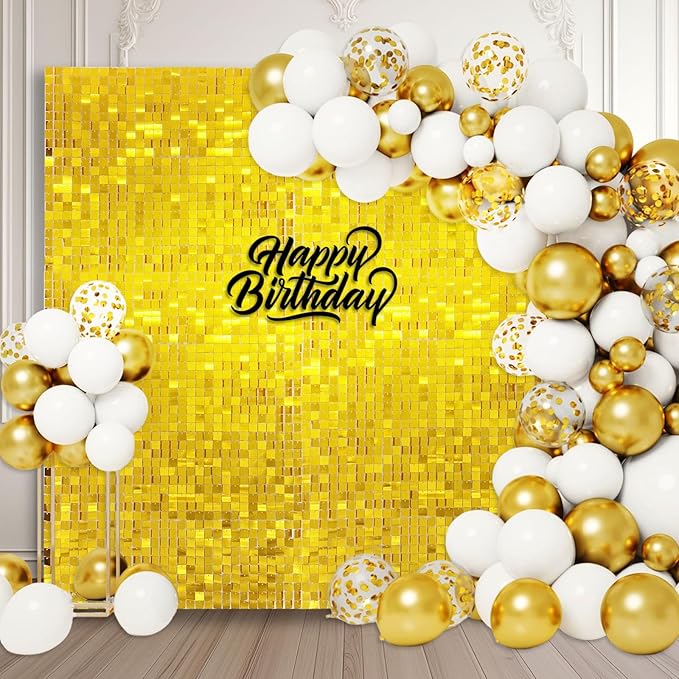 48 PCS Gold Shimmer Wall Backdrop, Square Sequin Photo Backdrops Panel, Glitter Wall Background for Birthdays, Weddings, Christmas, Engagements, Disco Bachelorette Party Decoration (6FTx8FT)