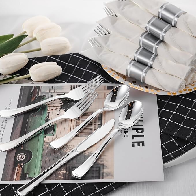 N9R 75 Pack Pre Rolled Silver Plastic Cutlery Set, 75 Pieces (75 Forks, 75 Knives, 75 Spoons, 75 Napkins), Disposable Silverware Set for Party, Wedding, Modern Style