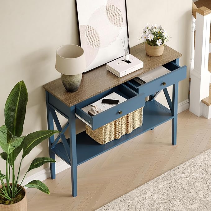 ChooChoo Console Table with Drawers, Narrow Wood Accent Sofa Table Entryway Table with Storage Shelf for Entryway, Front Hall, Hallway, Living Room, Blue