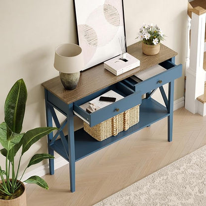 ChooChoo Console Table with Drawers, Narrow Wood Accent Sofa Table Entryway Table with Storage Shelf for Entryway, Front Hall, Hallway, Living Room, Blue