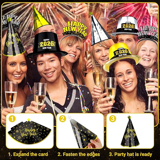 400PCS New Years Party Favors, 2026 New Years Party Hats 200 People, New Years Headbands Gold Black Silver, Plastic Cardboard New Year Supplies Cone Hats Party Blowers Horns