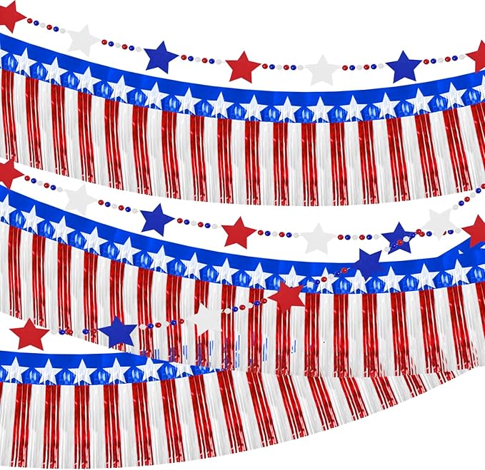 4th of July Decorations 2 Packs 39FT Patriotic Foil Fringe Garland,1 Pack 4.2FT Wooden Bead Garland, Red White Blue Patriotic Metallic Tinsel American Flag Banner of Halloween Party Independence Day