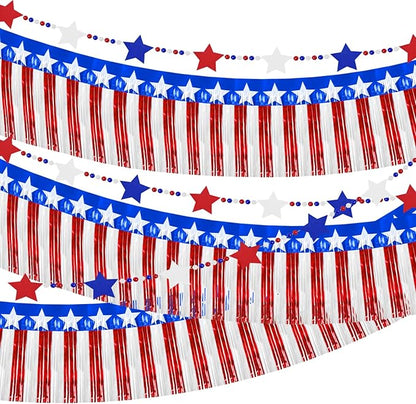4th of July Decorations 2 Packs 39FT Patriotic Foil Fringe Garland,1 Pack 4.2FT Wooden Bead Garland, Red White Blue Patriotic Metallic Tinsel American Flag Banner of Halloween Party Independence Day