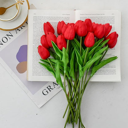ONLY ART Artificial Red Tulips 20 Pcs – 13.5 Inch PU Faux Flowers with Bendable Stems for Home Décor, Wedding Centerpieces, DIY Floral Arrangements, Table Decorations