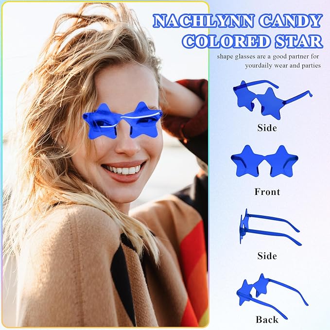 NACHLYNN 6 Pcs Rimless Star Shaped Sunglasses Dark Blue Transparent Sunglasses Pentagram Glasses for Party Favor Cosplay