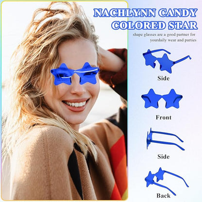 NACHLYNN 6 Pcs Rimless Star Shaped Sunglasses Dark Blue Transparent Sunglasses Pentagram Glasses for Party Favor Cosplay