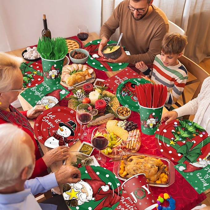 144Pcs Christmas Paper Plates and Napkins Disposable Gnome Snowman Christmas Dinnerware Set Red Green Xmas Dinner Plates Napkins Cups for Holiday Party Supplies Serves 24
