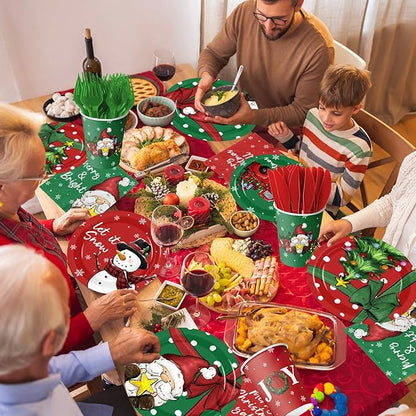 144Pcs Christmas Paper Plates and Napkins Disposable Gnome Snowman Christmas Dinnerware Set Red Green Xmas Dinner Plates Napkins Cups for Holiday Party Supplies Serves 24