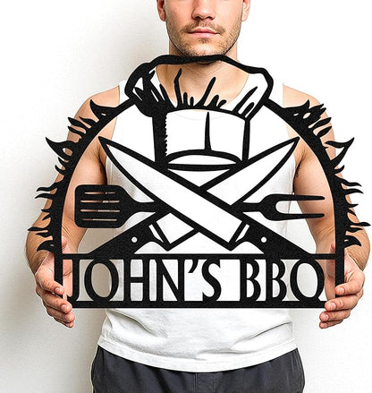 Custom BBQ Grill Name Sign, Personalized Metal Cut Wall Art for Outdoor Patio, Rustic Backyard Barbecue Kitchen Decor