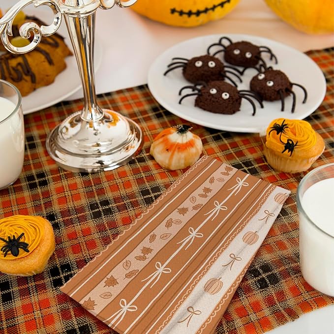 Orange Beige Fall Kitchen Towels, Coquette Bow Autumn Pumpkin Dish Tea Towels for Kitchen Decor, Farmhouse Fall Thanksgiving Decorative Hand Towel for Bathroom, 16x24 Inches