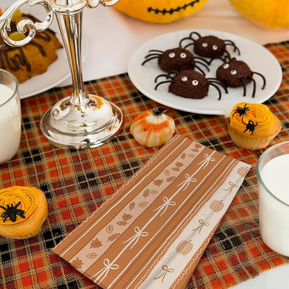 Orange Beige Fall Kitchen Towels, Coquette Bow Autumn Pumpkin Dish Tea Towels for Kitchen Decor, Farmhouse Fall Thanksgiving Decorative Hand Towel for Bathroom, 16x24 Inches