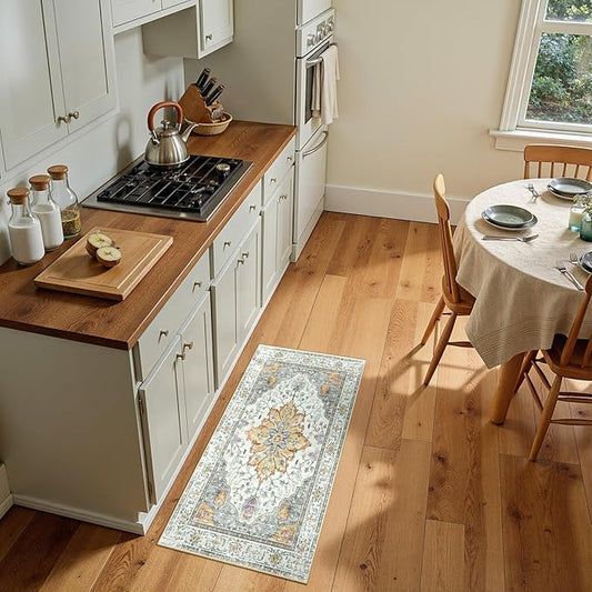 Area Rugs 2'x4' Kitchen Rugs Entry Rug Small Rugs for Entryway Kitchen Bathroom Door Mat Indoor Entrance,Washable Non Slip, Light Yellow Carbon Grey Orange