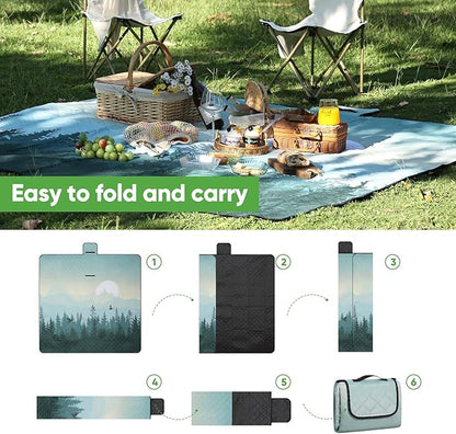 Picnic Blanket Waterproof Extra Large 79”x79” 210D Oxford Outdoor Blanket for Grass Portable Sand Proof Beach Blanket for 6-8 Adults, Morning Forest
