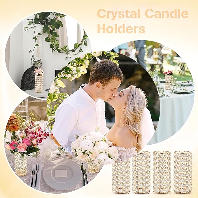 8 Pcs Gold Crystal Flower Vase and Pillar Candle Holder Set, 7.87" Metal Cylinder Stand for Wedding Table Centerpieces, Flower Arrangements, Christmas Party, Event Decor, and Gifts