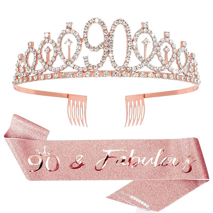 CIEHER 90th Birthday Crown, Sash & Pearl Pin Set - Elegant Decorations & Gifts for Her 90th Fabulous Birthday