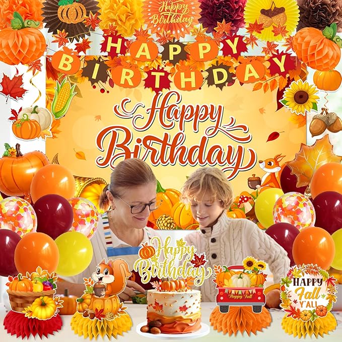 Fall Decorations Fall Birthday Party Decorations Include Autumn Backdrop Banner Cake Topper Honeycomb Pumpkin Balloon for Thanksgiving Birthday Decorations