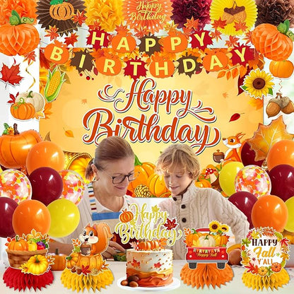 Fall Decorations Fall Birthday Party Decorations Include Autumn Backdrop Banner Cake Topper Honeycomb Pumpkin Balloon for Thanksgiving Birthday Decorations
