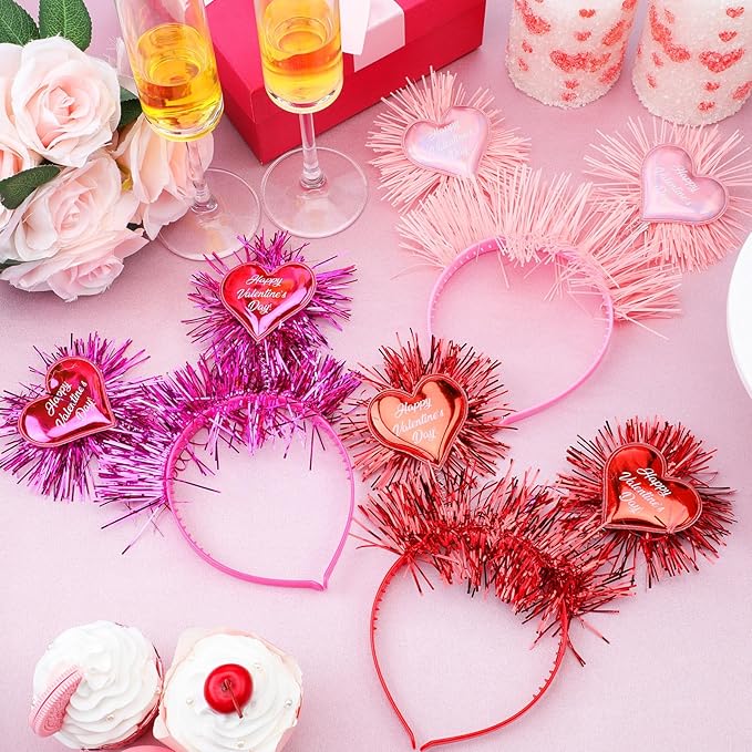 6 Pcs Valentine's Heart Headbands with Heart Boppers and Tinsel Headdresses Red Pink Happy Valentine Headdresses for Women Costume Party Gift Love