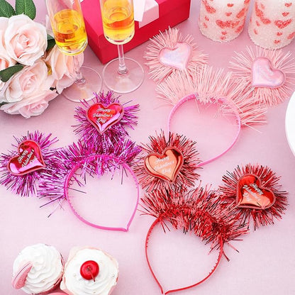 6 Pcs Valentine's Heart Headbands with Heart Boppers and Tinsel Headdresses Red Pink Happy Valentine Headdresses for Women Costume Party Gift Love